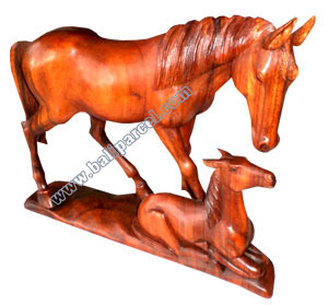 Wooden Horse Carving With Baby, Hand Carved From Suar Wood