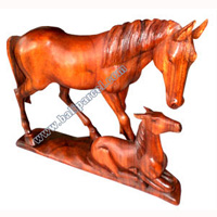 Wooden Horse Carving With Baby, Hand Carved From Suar Wood