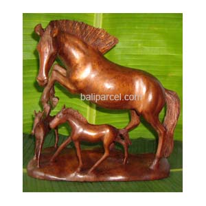 Wooden Horse With Babies Carving, Hand Carved From Suar Wood