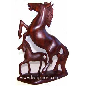 Wooden Horse Carving With Baby, Hand Carved From Suar Wood