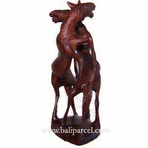 Wooden Two Horse Carving, Hand Carved From Suar Wood