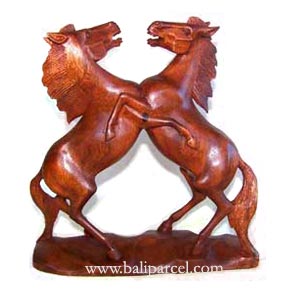 Wooden Fighting Horse Carving, Hand Carved From Suar Wood