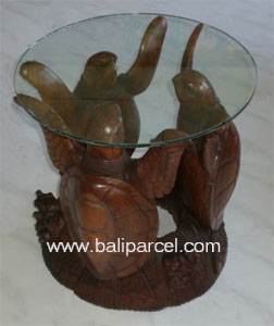 Wooden Coffee Table Turtle Carving, Hand Carved From Suar Wood (included Glass 8ml)