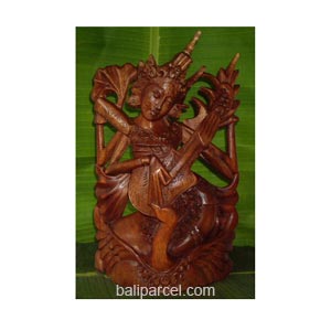 Dewi Saraswati Statue, Hand Carved From Suar Wood
