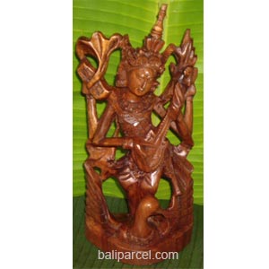 Dewi Saraswati Statue, Hand Carved From Suar Wood
