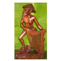 Fisherman Statue, Hand Carved From Suar Wood
