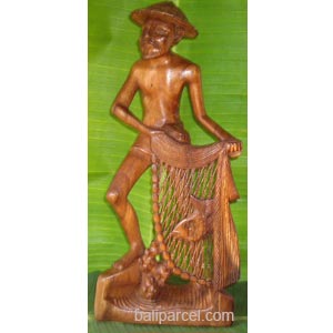 Fisherman Statue, Hand Carved From Suar Wood