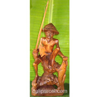 Fisherman Statue, Hand Carved From Suar Wood