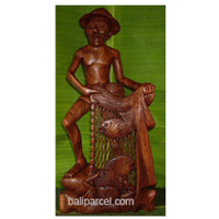 Fisherman Statue, Hand Carved From Suar Wood