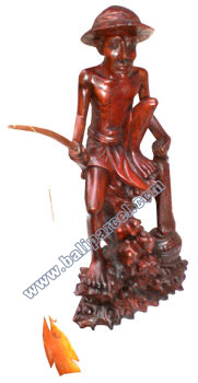 Fisherman Statue, Hand Carved From Suar Wood