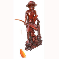 Fisherman Statue, Hand Carved From Suar Wood