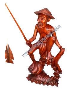 Fisherman Statue, Hand Carved From Suar Wood
