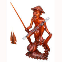 Fisherman Statue, Hand Carved From Suar Wood