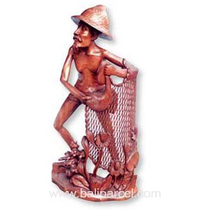 Fisherman Statue, Hand Carved From Suar Wood