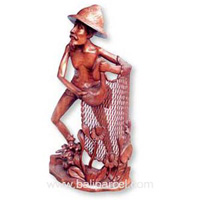 Fisherman Statue, Hand Carved From Suar Wood