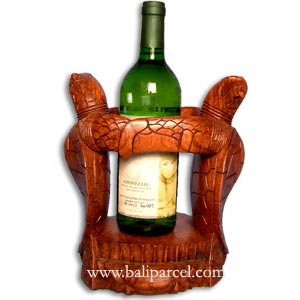 Turtle Wine Bottle Holder, Hand Carved From Jempinis Wood