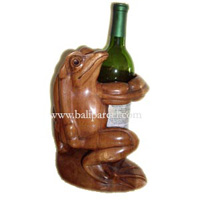 Frog Wine Bottle Holder Carving, Hand Carved From Suar Wood