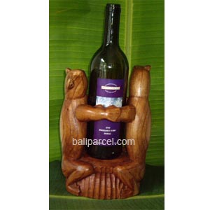 Frog Wine Bottle Holder Carving, Hand Carved From Hibiscus Wood