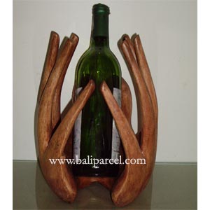 Finger Wine Bottle Holder Carving, Hand Carved From Suar Wood