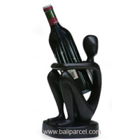 Abstract Wine Bottle Holder With Black Color, Hand Carved From Suar Wood