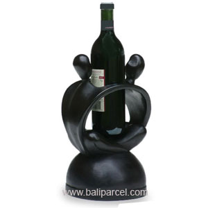 Abstract Wine Bottle Holder With Black Color, Hand Carved From Suar Wood