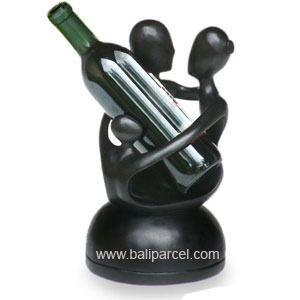 Abstract Wine Bottle Holder With Black Color, Hand Carved From Suar Wood