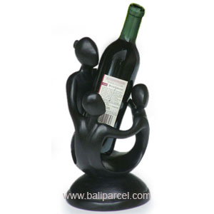 Abstract Wine Bottle Holder With Black Color, Hand Carved From Suar Wood