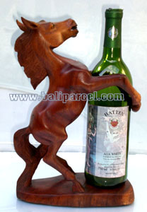 Horse Wine Bottle Holder, Hand Carved From Suar Wood