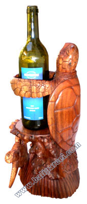 Two Turtle Wine Bottle Holder, Hand Carved From Suar Wood 