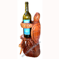 Two Turtle Wine Bottle Holder, Hand Carved From Suar Wood 