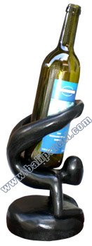 Abstract Wine Bottle Holder, Hand Carved From Hibiscus Wood With Black 