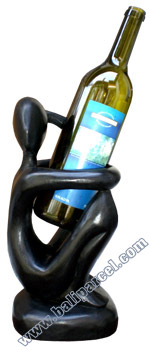 Abstract Wine Bottle Holder, Hand Carved From Hibiscus Wood With Black 