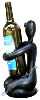 Abstract Wine Bottle Holder, Hand Carved From Hibiscus Wood With Black 