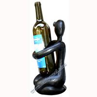 Abstract Wine Bottle Holder, Hand Carved From Hibiscus Wood With Black 