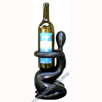 Abstract Wine Bottle Holder, Hand Carved From Hibiscus Wood With Black 
