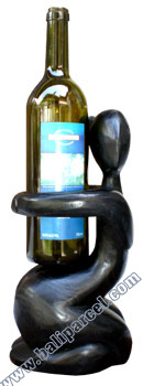 Abstract Wine Bottle Holder, Hand Carved From Hibiscus Wood With Black 