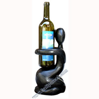 Abstract Wine Bottle Holder, Hand Carved From Hibiscus Wood With Black 