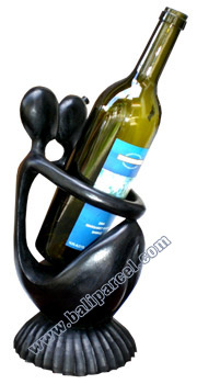 Abstract Wine Bottle Holder, Hand Carved From Hibiscus Wood With Black 