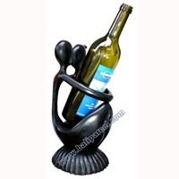 Abstract Wine Bottle Holder, Hand Carved From Hibiscus Wood With Black 