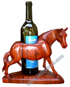 Horse Wine Bottle Holder, Hand Carved From Suar Wood