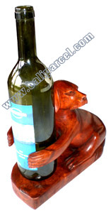 Dog Wine Bottle Holder, Hand Carved From Suar Wood 