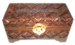 Jewellery Box , Hand Carved From Sono Wood, With Bali Flower Carving
