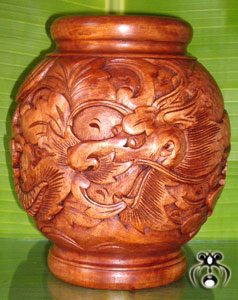 Container, This Container Hand Carved From Mahogany Wood, With Dragon And Bali Flower Carving.