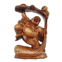 Happy Buddha With Baby Statue, Hand Carved From Suar Wood