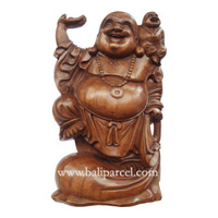 Happy Buddha With Baby Statue, Hand Carved From Suar Wood