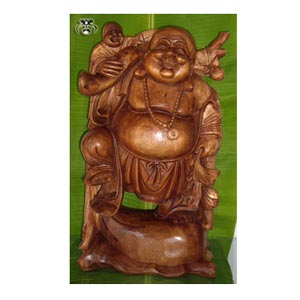 Happy Buddha With Baby Statue, Hand Carved From Suar Wood