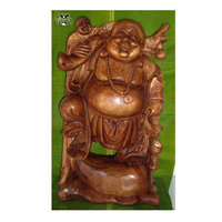 Happy Buddha With Baby Statue, Hand Carved From Suar Wood
