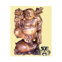 Happy Buddha With Baby Statue, Hand Carved From Suar Wood