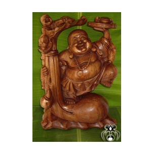 Happy Buddha With Baby Statue, Hand Carved From Suar Wood