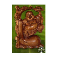 Happy Buddha With Baby Statue, Hand Carved From Suar Wood